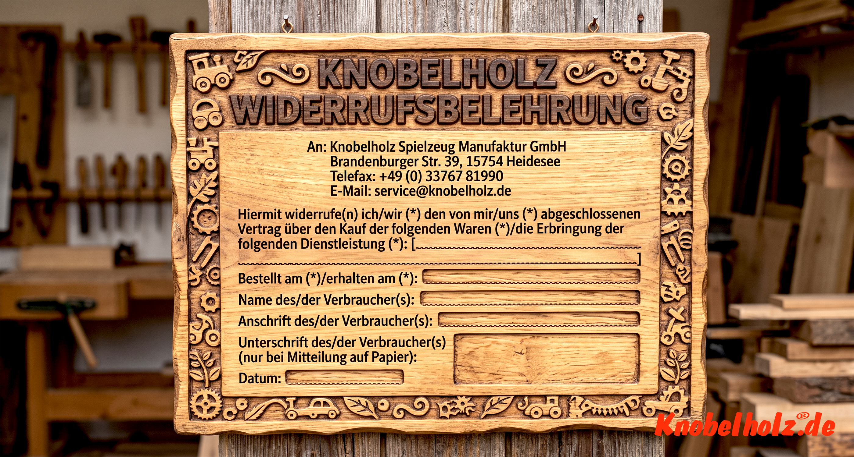 Widerrufsbelehrung  Sie können Ihre Vertragserklärung innerhalb von 14 Tagen ohne Angabe von Gründen in Textformauch durch Rücksendung der Sache widerrufen