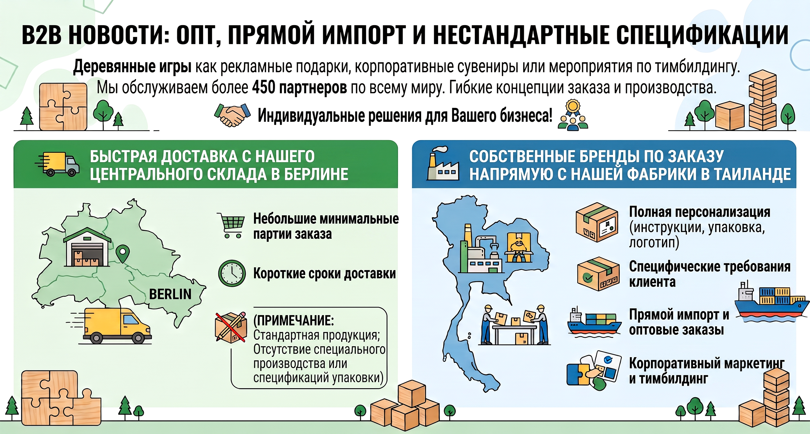 B2B-платформа Knobelholz, предлагающая быструю доставку со склада в Берлине или прямые поставки с собственного завода в Таиланде.