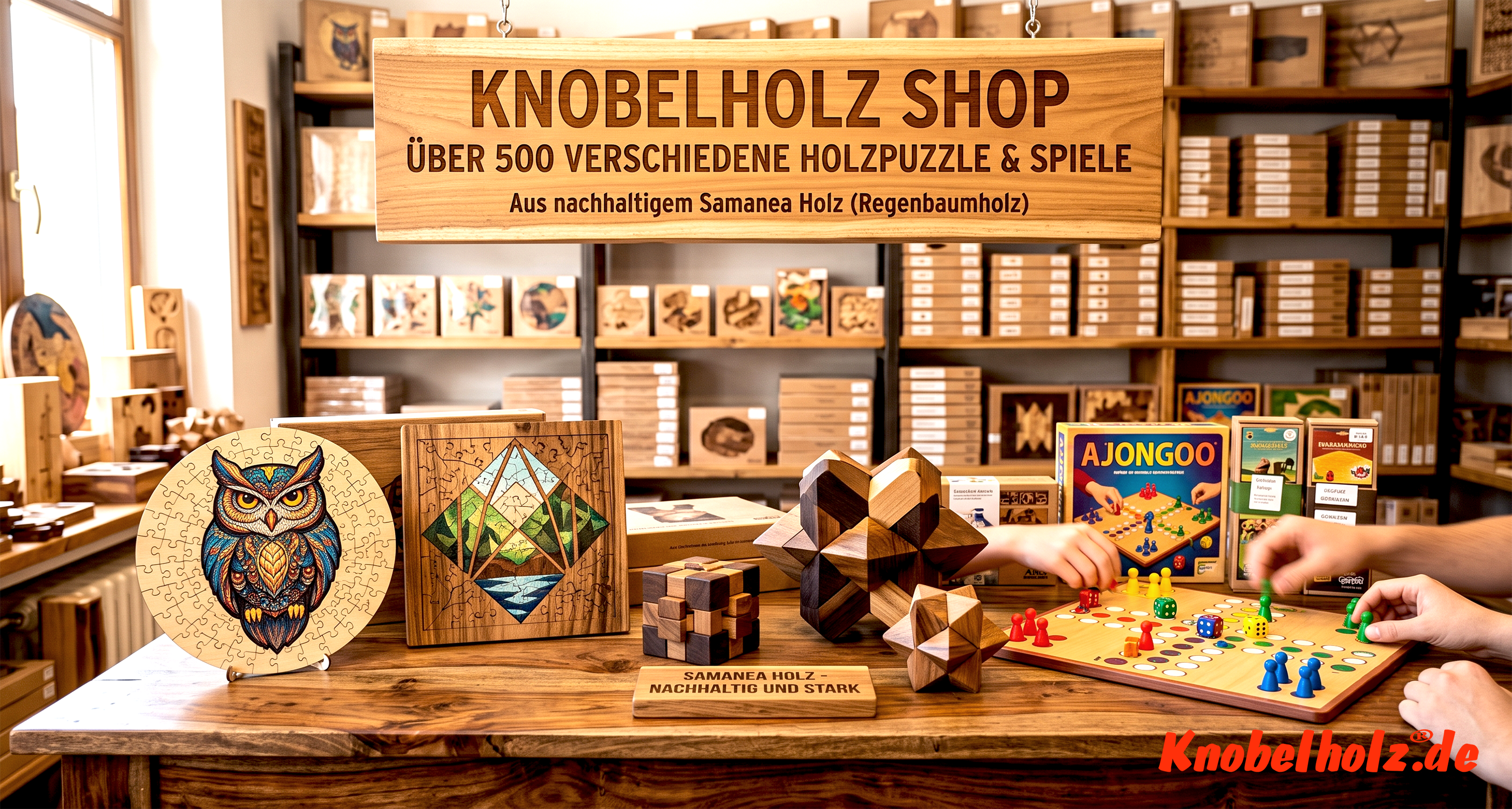 Knobelholz online Shop mit über 500 Artikeln aus nachhaltigem Samanea Holz von eigener Plantage - finde Dein Lieblingsspiel