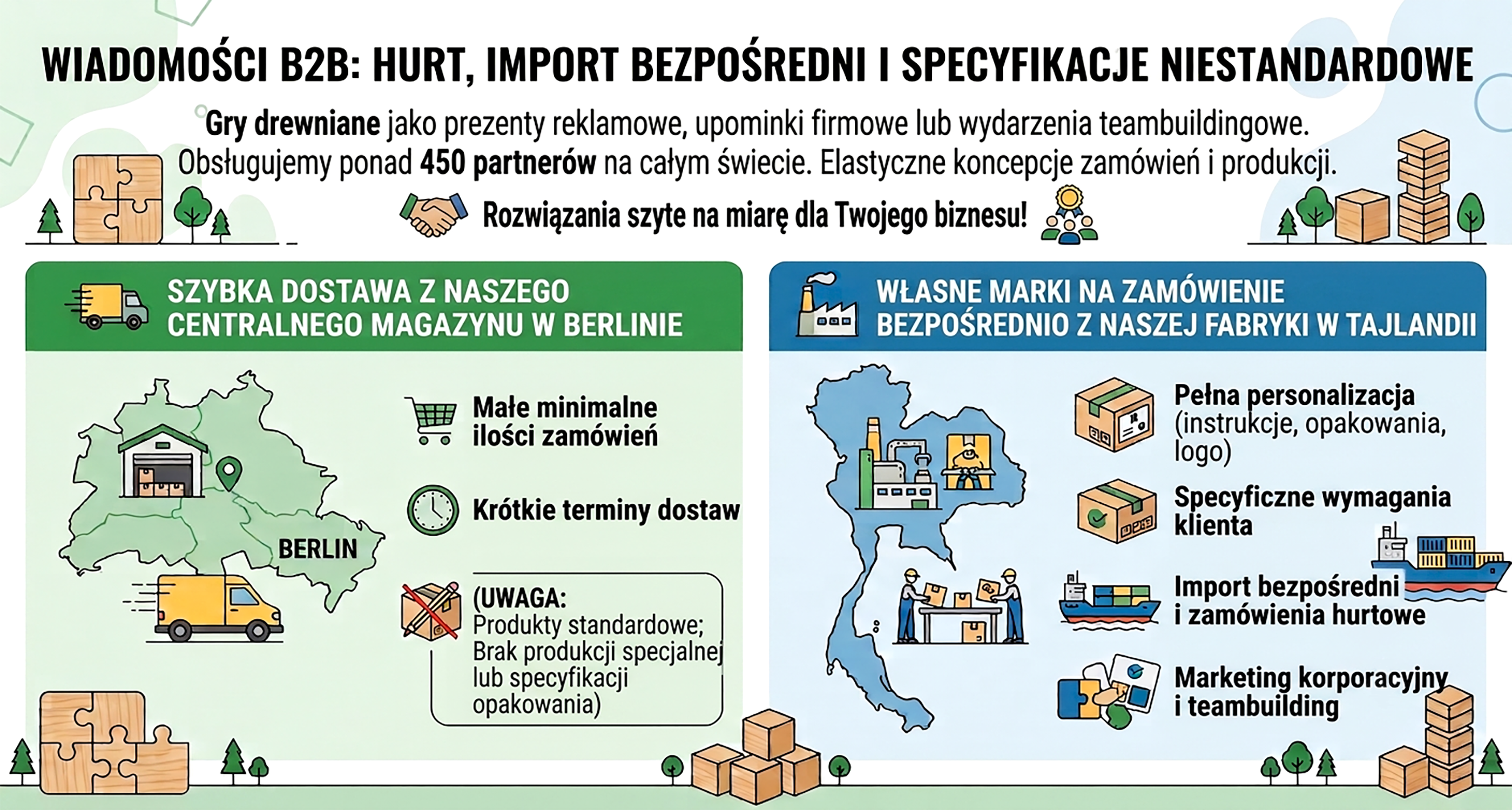 Platforma B2B Knobelholz, oferująca szybką dostawę z magazynu w Berlinie lub wysyłkę indywidualnych zamówień bezpośrednio z naszej fabryki w Tajlandii
