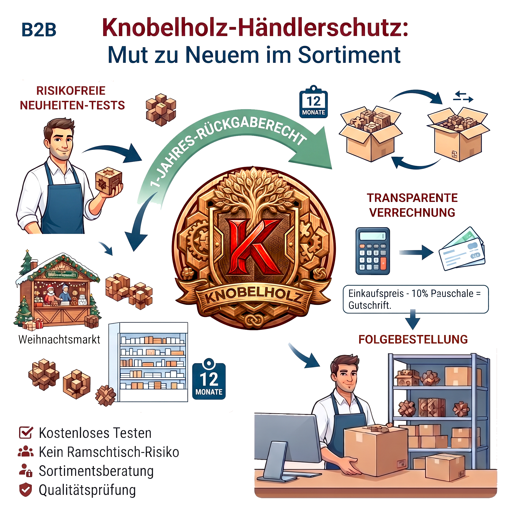 B2B Knobelholz Großhandel mit Rückgabe Deiner Ladenhüter, Bestellungen ohne großes Risiko für den Weihnachtsmarkt