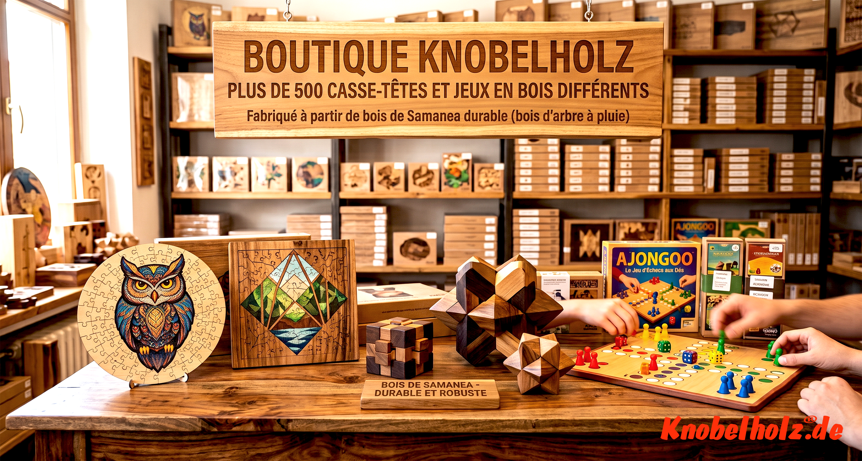 Boutique en ligne Knobelholz : plus de 500 articles fabriqués à partir de bois de samanea issu de notre propre plantation durable – trouvez votre jeu préféré !