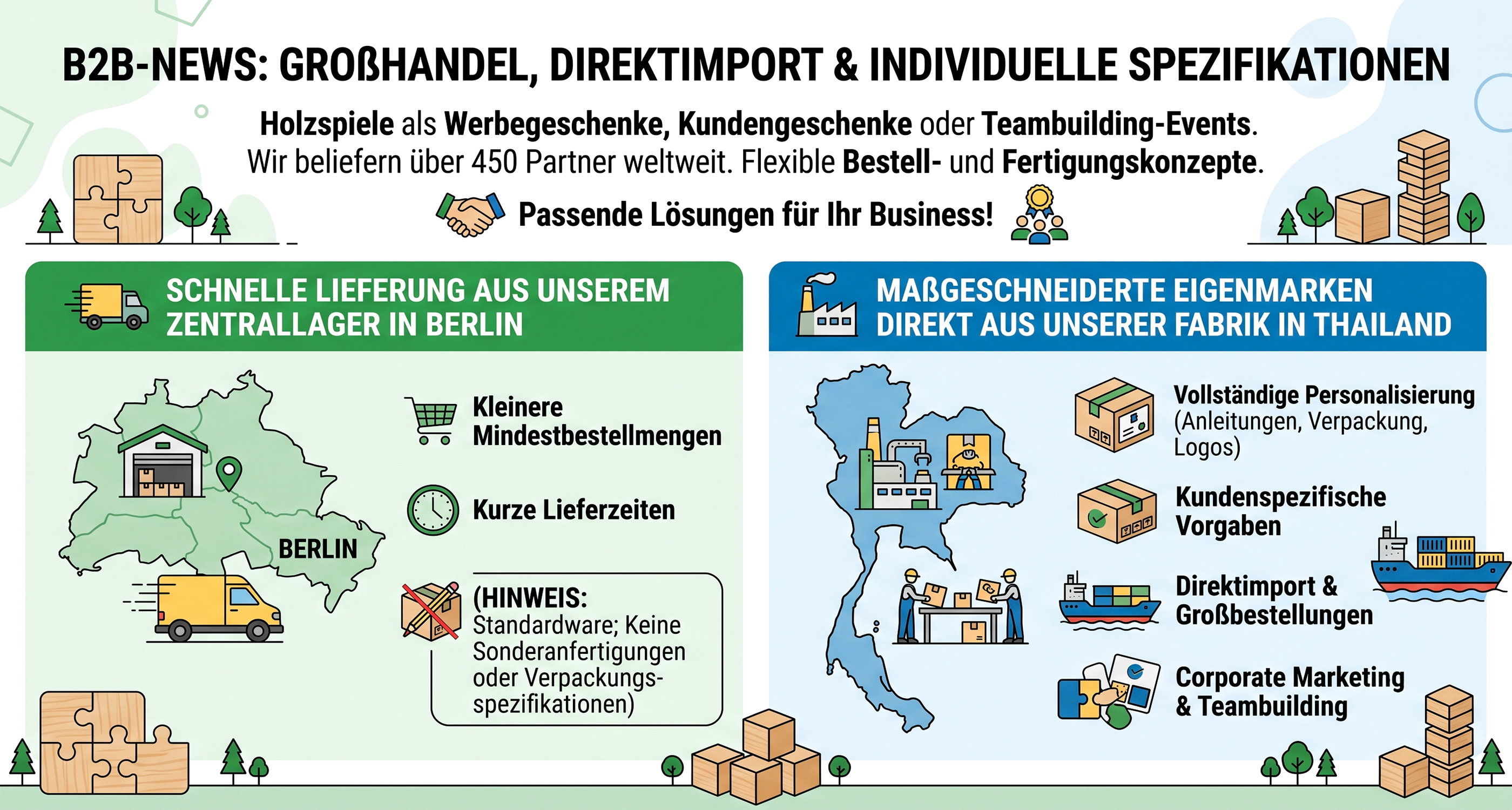 Knobelholz B2B Plattform, mit schnellen Lieferungen aus dem Lager in Berlin oder personalisierte Lieferungen aus der eigenen Fabrik in Thaland