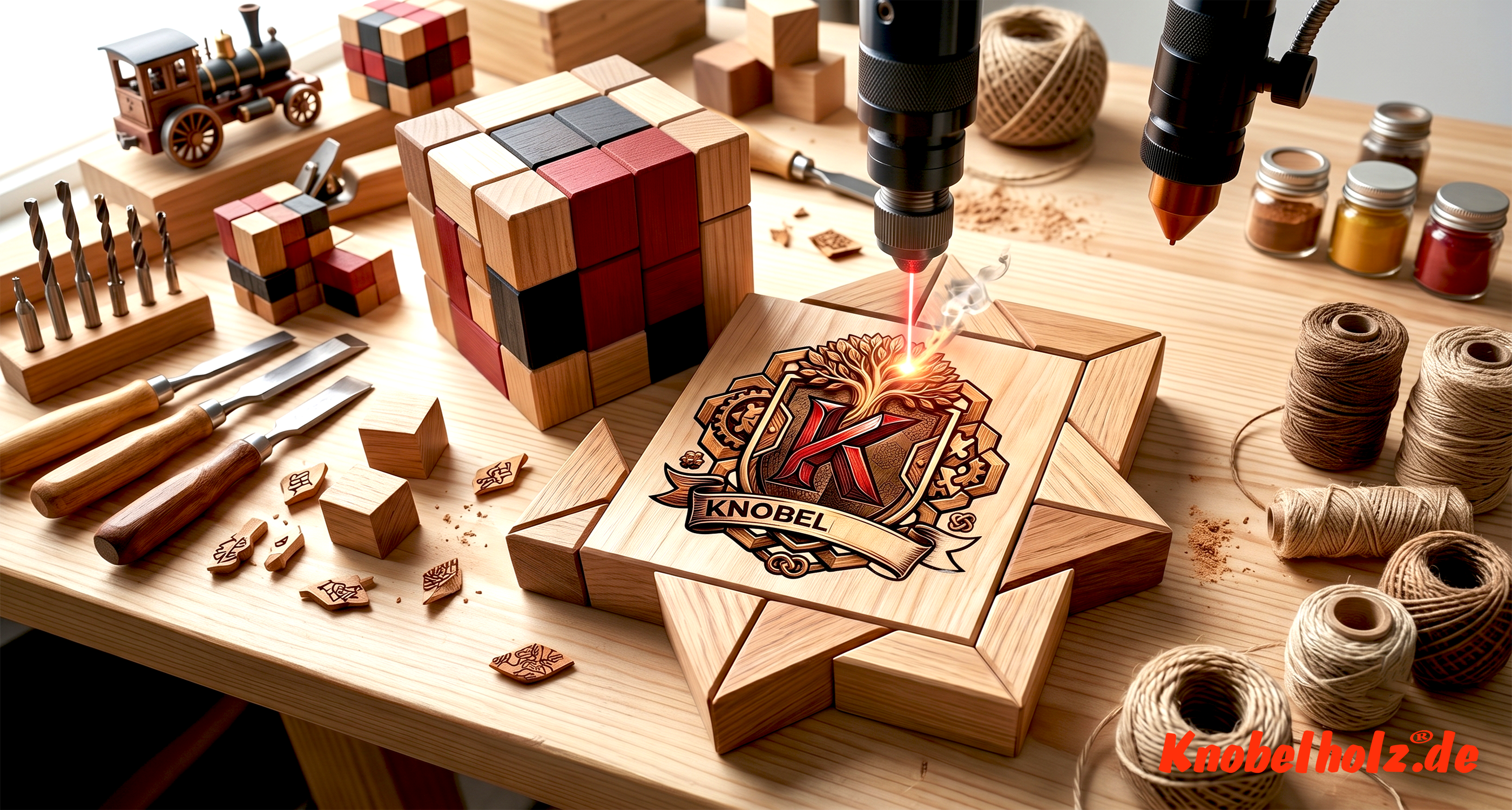 Lasergravur eines Firmenlogos auf einem 3D-Holzpuzzle aus Samena-Holz als B2B-Werbemittel.