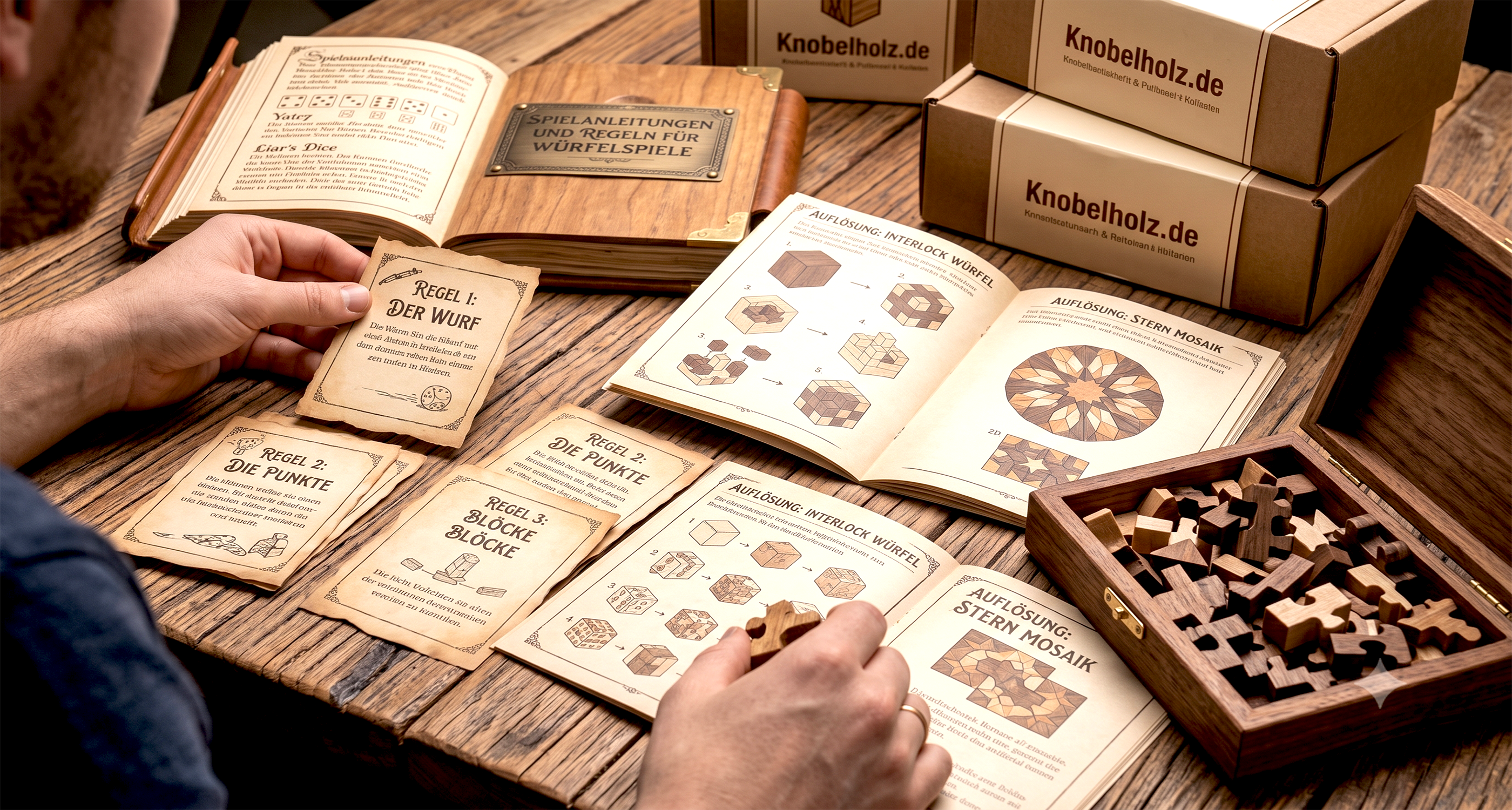 Spielregeln für Strategie- und Würfelspiele sowie Auflösungen für Knobelspiele und Puzzle