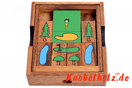 Khun Pan Golf, Escape Schiebespiel, in einer Holzbox tolles Schiebespiel für einen Spieler mit den Maßen 10,8 x 8,5 x 2,8 cm , khun pan golf ball samanea wooden game