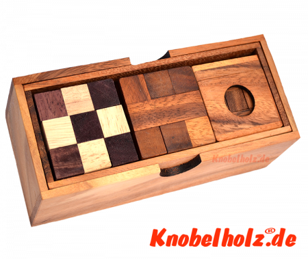 Holzpuzzle Box mit 3 Puzzle aus Samanea Holz. Snake Cube der Schlangenwürfel, Soma Cube und Cube Lock in einer Puzzle Sammlung