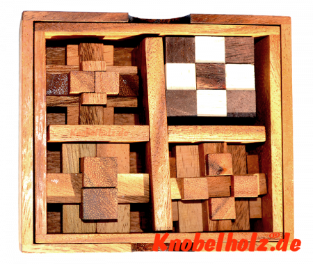Holzpuzzle Knobelbox mit 5 Knobelspielen Snake Cube, Flying Cross, Teufelsknoten, Brick Puzzle, Holzpuzzle