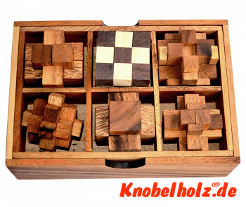 Holzpuzzle Knobelbox als Spielesammlung mit 6 Knobelspielen Crystal Cube, Snake Cube, Interlock Puzzle, Devils Knot, Teufelsknoten, Pen Up Puzzle, Brick Piuzzle