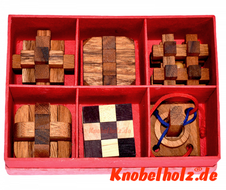 Holzpuzzle in Papierbox, 6er Knobelbox zum verschenken mit 6 Holzpuzzle, Sammlung in Geschenkbox