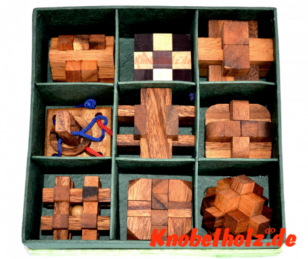Knobelbox mit 9 Knobelspielen Holzpuzzle Sammlung, Knobelholz, logo play 
