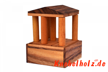 Acropolis Puzzle aus Holz mit diversen Teilen zum knobeln mit Box in den Maßen 10,0 x 10,0 x 6,5 cm, monkey pod puzzle