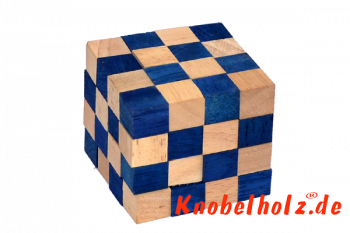 Cobra Cube blauer Schlangenwürfel 4x4x4 3D Puzzle für eine Person in den Maßen 6,0 x 6,0 x 6,0 cm, samanea wooden puzzle brain teaser