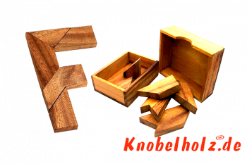 F Puzzle Box Buchstaben F Holzpuzzle Wooden Game Tangram mit 5 Holzteilen in den Maßen 7,6 x 11,8 x 2,0 cm, Monkey Pod brain teaser