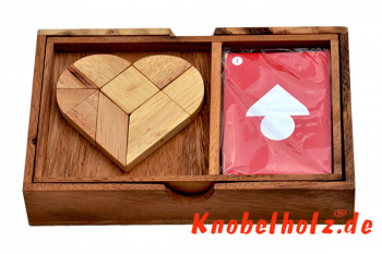 Heart Puzzle Box mit Karten Herz Tangram aus Holz in den Maßen 19,0 x 12,2 x 3,8 cm, monkey pod puzzle