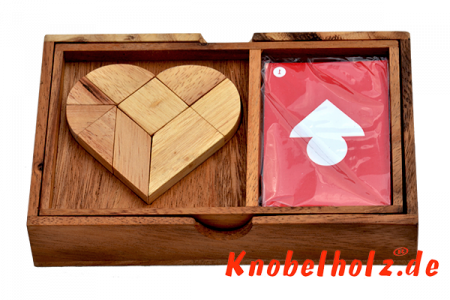 Heart Puzzle Box mit Karten Herz Tangram aus Holz in den Maßen 19,0 x 12,2 x 3,8 cm, monkey pod puzzle