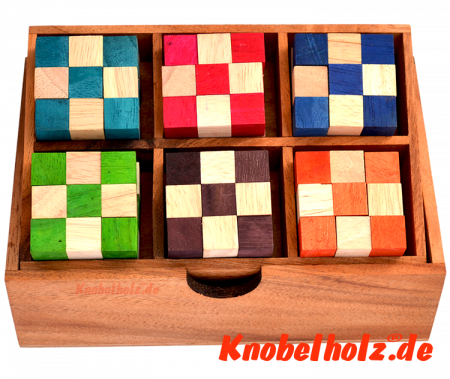 Snake Cube Level Box medium aus Holz mit 6 verschiedenen Schlangenwürfeln, Level Box von Würfelschlangen in Sammelbox mit Maßen 22,0 x 15,4 x 9,0 cm samanea wooden puzzle, monkey pod