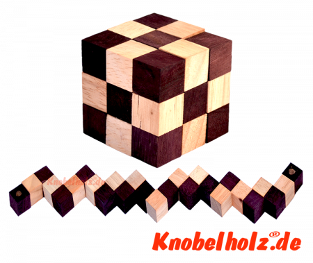 Snake Cube brown der level box aus Holz, einer der 6 Schlangenwürfel aus der Snake cube Levelbox Puzzle Sammlung in den Maßen 4,5 x  4,5 x 4,5 cm Cobra Cube Samanea Holz, Monkey Pod