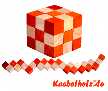 Snake Cube orange der level box aus Holz, einer der 6 Schlangenwürfel aus der Snake cube Levelbox Puzzle Sammlung in den Maßen 4,5 x  4,5 x 4,5 cm Cobra Cube Samanea Holz, Monkey Pod