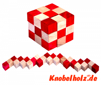 Snake Cube red der level box aus Holz, einer der 6Würfelschlangen aus der Snake Cube Levelbox Puzzle Sammlung in den Maßen 4,5 x  4,5 x 4,5 cm Cobra Cube Samanea Holz, Monkey Pod