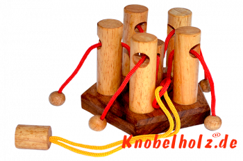 Pillar 5 Holz Schnurpuzzle Denkspiel Knobelaufgabe in den Maßen 10,0 x 10,5 x 8,5 cm, Samanea wood brain teaser
