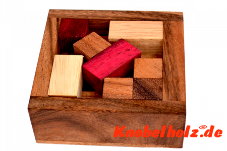 Problem Packing Puzzle Box 3 D, Knobelspiel Pack Puzzle aus Holz mit den Maßen 14,5 x 14,5 x 4,0 cm monkey pod wooden brain teaser