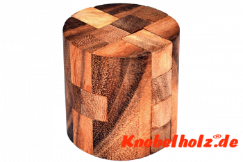 Round Cube large Holzpuzzle 3D Zylinder Puzzle mit mehreren Holzteilen, IQ Puzzle, Geduld Puzzle, Denkspiel in den Maßen 6,5 x 6,5 x 7,0 cm, monkey pod teaser